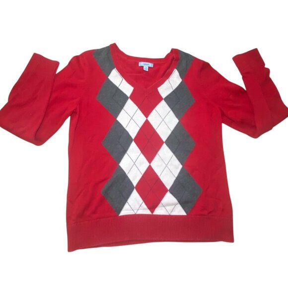 Izod Red Argyle Cotton V-Neck Sweater Preppy Academia Size L - Picture 2 of 7